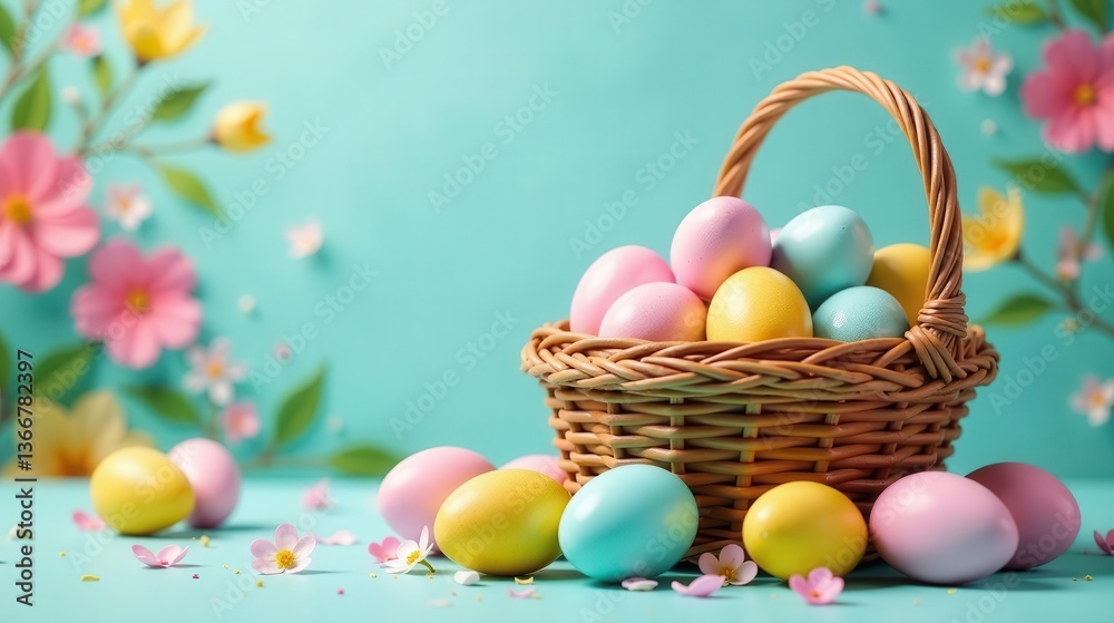 Naklejka premium Pastel-colored eggs in a wicker basket surrounded by delicate spring blossoms on a serene aqua background, a delightful springtime scene.
