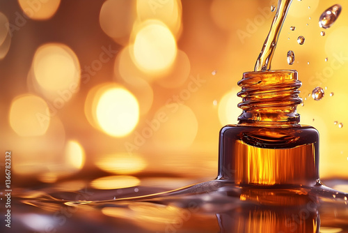Golden elixir, A viscous liquid being poured into a glass bottle with a warm bokeh background, creating a sense of luxury and refinement
