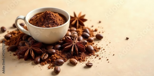 Aromatic Coffee Beans and Ground Coffee with Star Anise in a White Cup