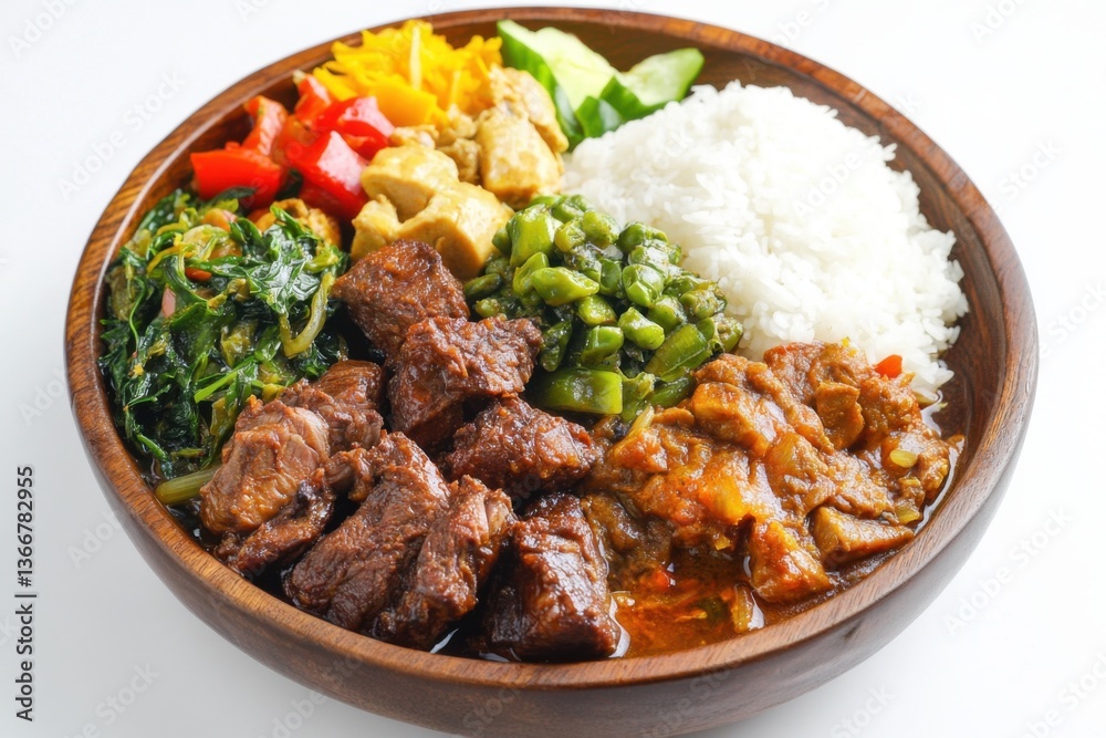 Serving Indonesian Nasi Campur Rice Dish with Meat and Vegetables Serving Indonesian Nasi Campur Rice Dish with Meat and Vegetables