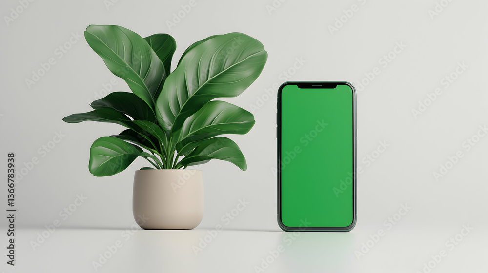 Green Screen Smartphone Mockup with Potted Plant on White Background Green Screen Smartphone Mockup with Potted Plant on White Background