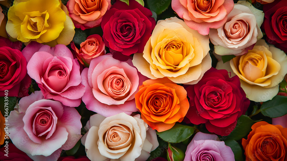 Naklejka premium A vibrant arrangement of various roses in different colors, showcasing natural beauty.