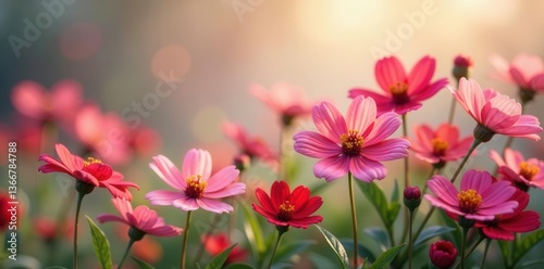 A Field of Delicate Pink and Red Blossoms Illuminated by Golden Sunlight