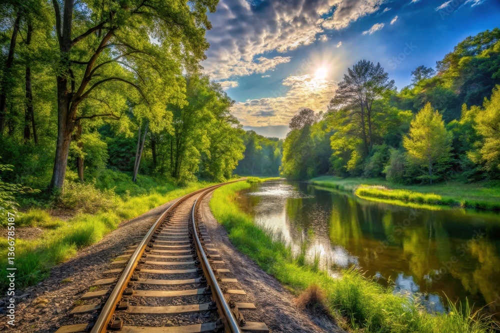 Fototapeta premium Serene River Reflections Beside a Tranquil Railroad Track Winding Through Lush Green Foliage Under a Sunny Sky