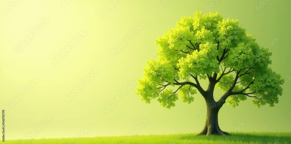 A solitary deciduous tree with vibrant green foliage stands proudly in a verdant meadow, bathed in the soft glow of early morning light