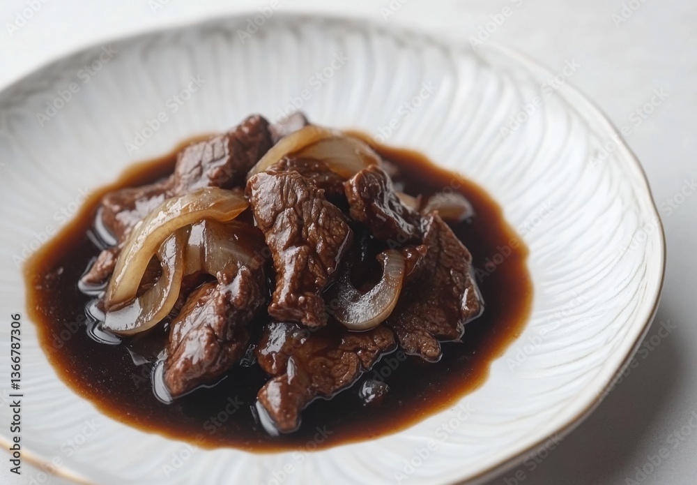 Savory Beef with Onions and Dark Sauce Served on White Plate Savory Beef with Onions and Dark Sauce Served on White Plate