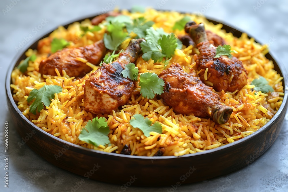 A beautifully presented serving of chicken biryani, with rich, golden rice, aromatic spices, and succulent chicken, garnished with cilantro A beautifully presented serving of chicken biryani, with rich, golden rice, aromatic spices, and succulent chicken, garnished with cilantro