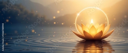 Glowing Lotus Floating on Rippling Water with Twilight Silhouetted Mountains in the Background