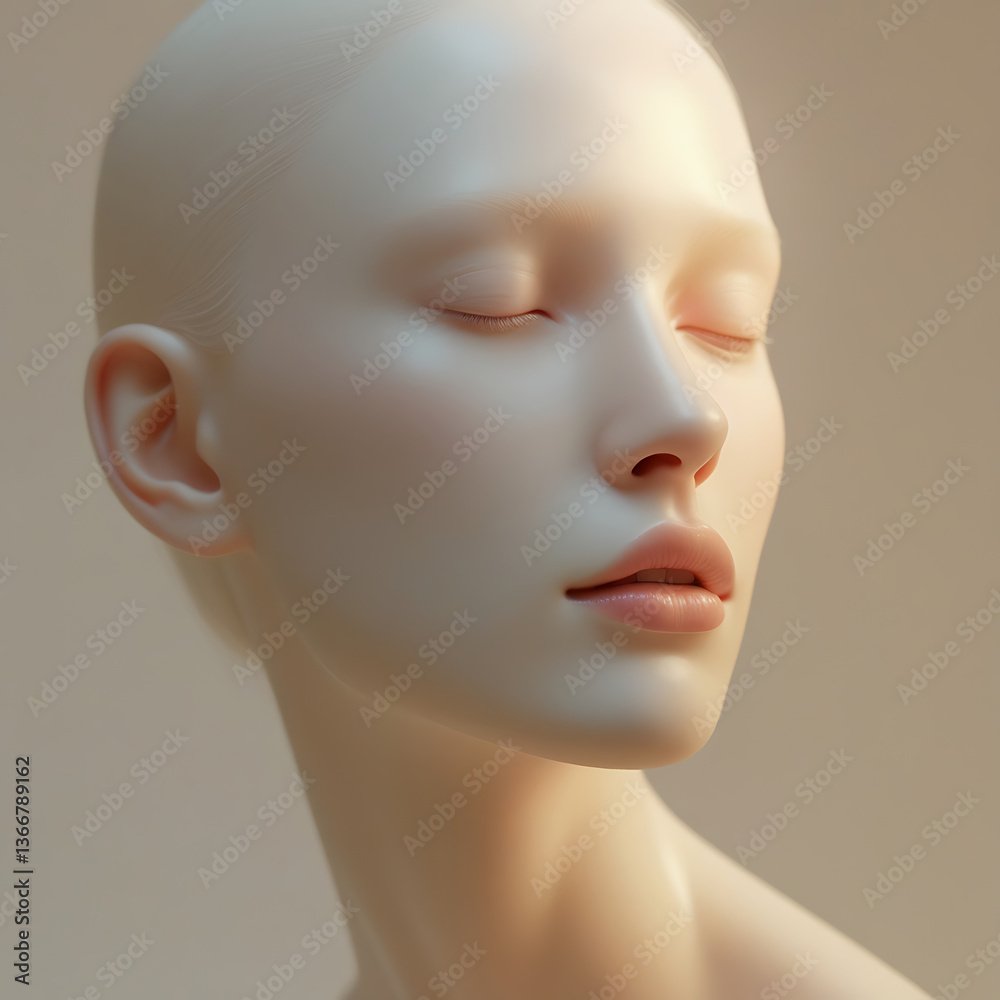 A serene portrait of a woman with closed eyes, captured with a soft, ethereal aesthetic. The image highlights smooth skin, and a gentle expression. The woman is bald. A serene portrait of a woman with closed eyes, captured with a soft, ethereal aesthetic. The image highlights smooth skin, and a gentle expression. The woman is bald.