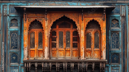 Ornate wooden balcony, aged facade, city building