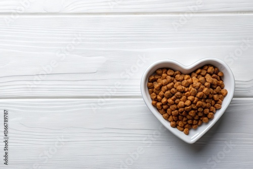 Heart-shaped bowl of pet food on a white wooden surface, perfect for pet care themes