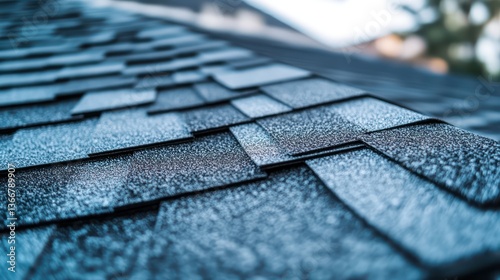 Roofing installation process residential area close-up view textured shingles natural light home improvement concept