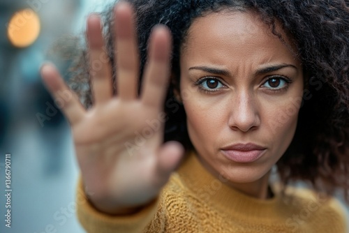 Woman holds up her hand in stop gesture, as symbol of resistance, defiance, or protest, struggling social issues, against racial discrimination, sexism, harassment, and gender-based violence, close up