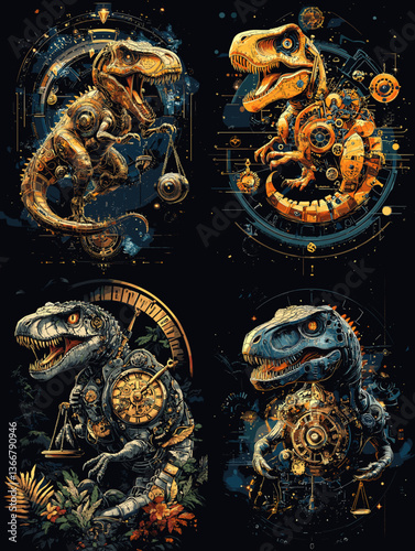 Steampunk-style dinosaur illustrations with intricate mechanical and cosmic elements. Perfect for fantasy, sci-fi, and vintage-inspired creative projects and graphic designs.