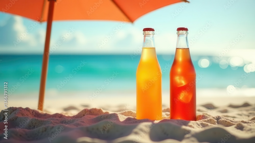 Two refreshing glass bottles of iced beverages on a pristine sandy beach under a vibrant orange beach umbrella during a sunny day. Two refreshing glass bottles of iced beverages on a pristine sandy beach under a vibrant orange beach umbrella during a sunny day.