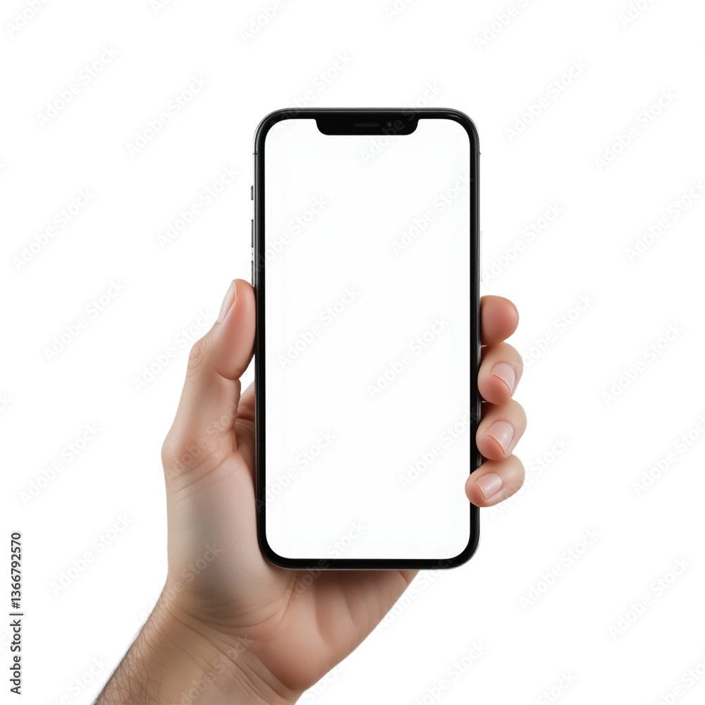 Hand holding a smartphone with blank screen for communication and business technology Hand holding a smartphone with blank screen for communication and business technology