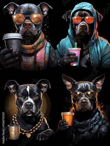 Urban-style dog illustrations featuring cool black dogs wearing sunglasses and streetwear, enjoying trendy drinks. Perfect for modern, fun, and edgy pet-themed designs.