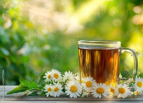 Drinking Herbal Chamomile Tea with Fresh Daisies Outdoors on Wooden Table