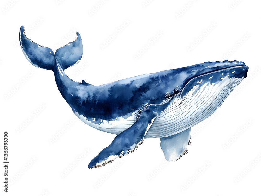 Watercolor whale in the water, white background