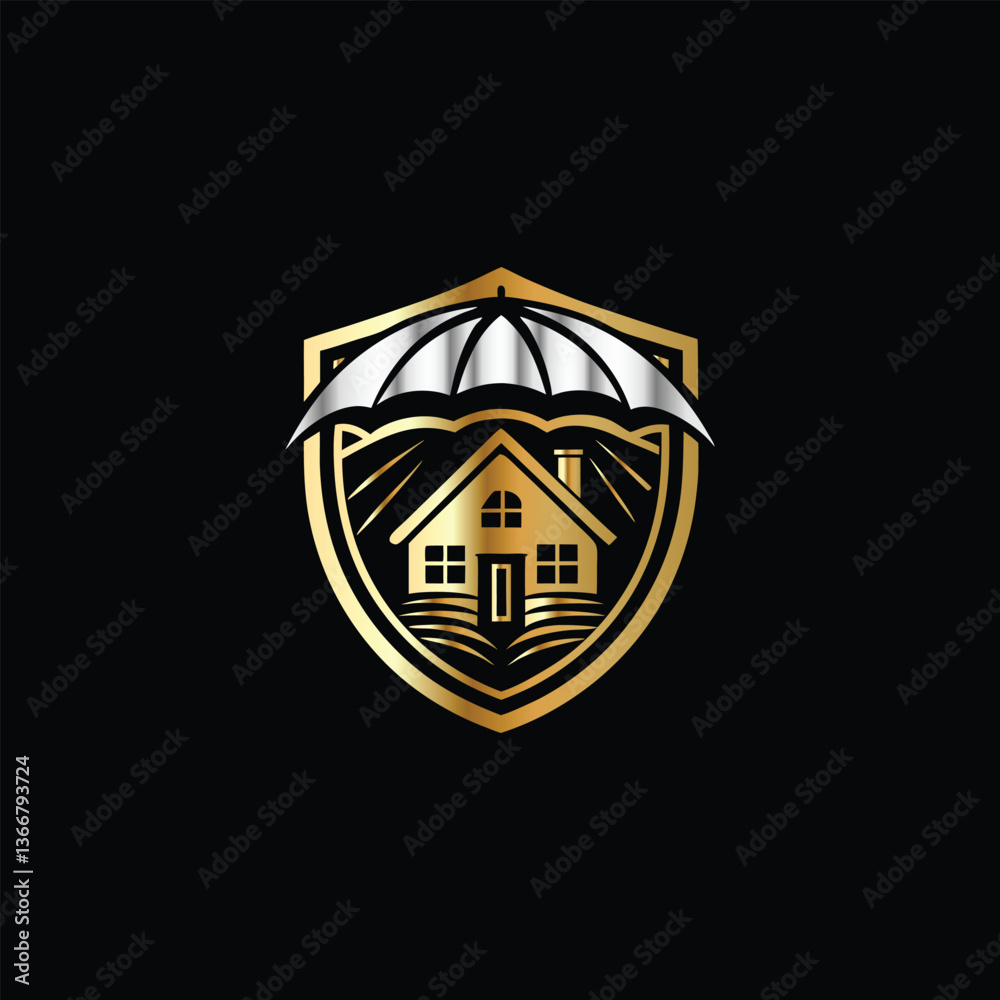 Obraz premium Insurance Home Security Shield Icon Logo Design Vector Template. Graphic Design Element. Real estate security shield with house and umbrella vector logo design template.