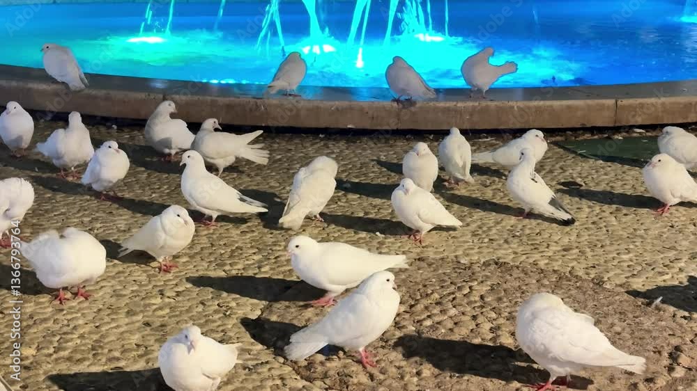 A tranquil and serene scene featuring a flock of elegant white doves gathered around a glowing fountain at night