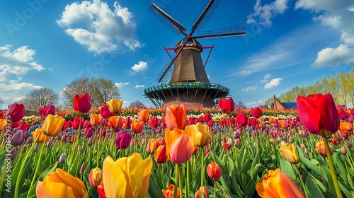 Colorful Tulip Field with Traditional Dutch Windmill Under a Bright Blue Sky