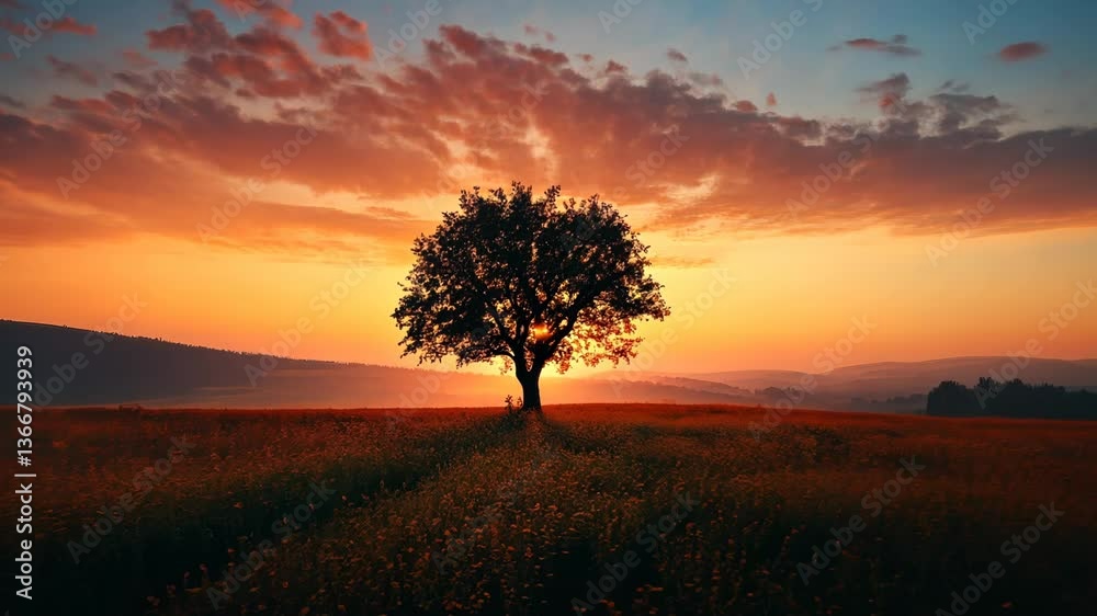 Solitary tree at sunrise in a field Solitary tree at sunrise in a field