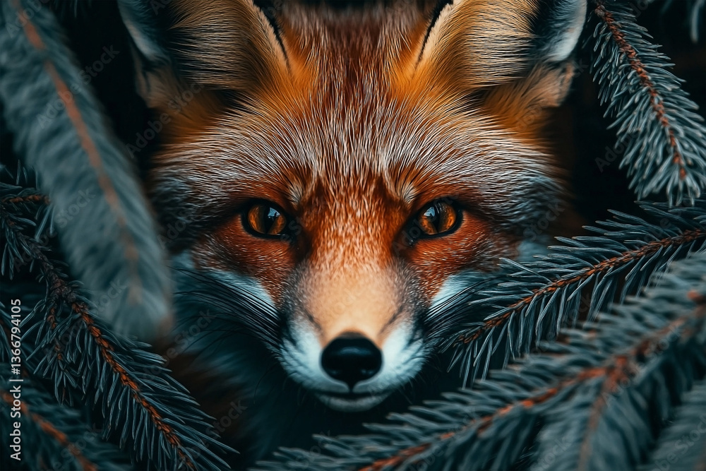 Fototapeta premium Intense gaze of a red fox peering from behind the cover of pine branches