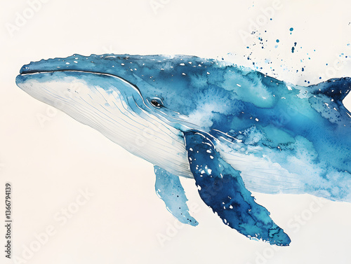 Obraz na płótnie Watercolor whale in the water, white background w salonie