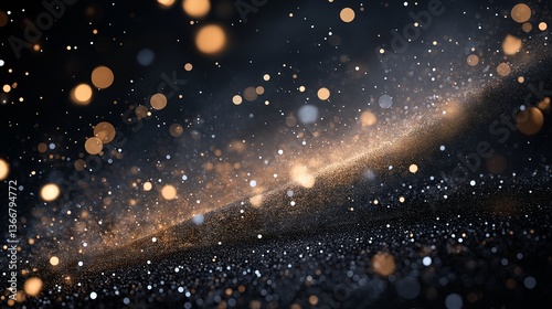 A cosmic river of shimmering stardust flows through the night sky, a celestial dance of golden and silver lights across an inky black canvas.
