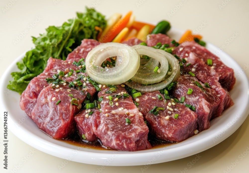 Preparing Fresh Raw Meat Cubes with Onion and Herbs for Grilling Preparing Fresh Raw Meat Cubes with Onion and Herbs for Grilling
