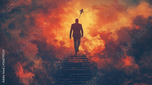 A lone figure ascends a fiery staircase towards a guiding arrow, a journey of ambition and fiery determination amidst a dramatic, swirling sky of intense orange and dark hues.