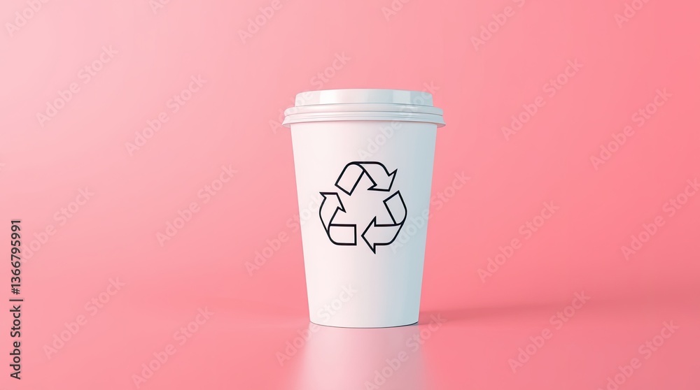 White coffee cup with recycle symbol stands on pink background White coffee cup with recycle symbol stands on pink background