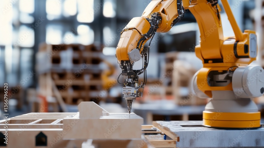 Fototapeta premium A robotic arm in a smart construction site, assembling modular building components with AI precision for efficient housing, Construction-tech style