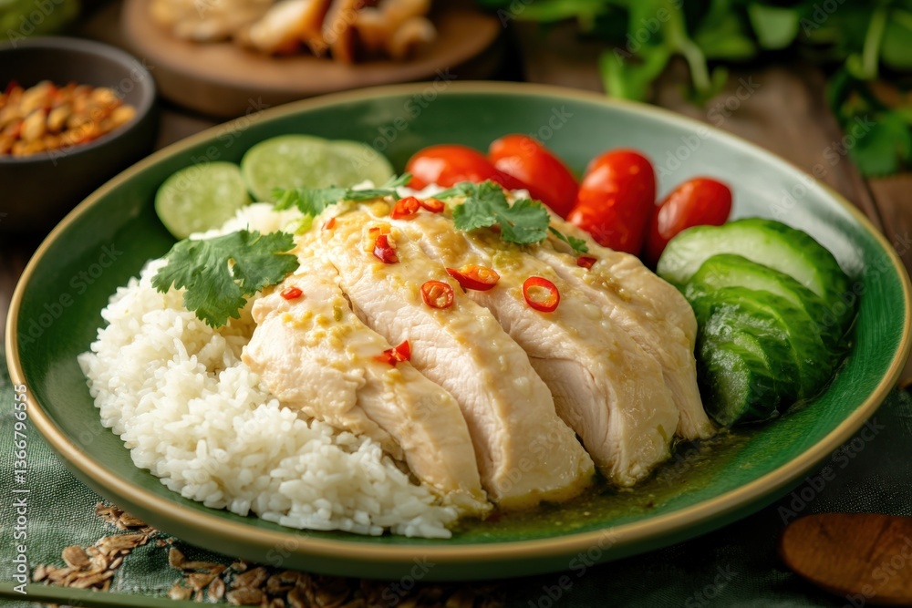 Hainanese Chicken Rice Served with Cucumber and Tomatoes on Green Plate Hainanese Chicken Rice Served with Cucumber and Tomatoes on Green Plate