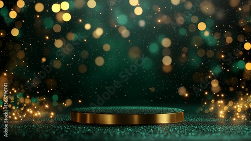 A shimmering emerald stage awaits, bathed in golden bokeh, a magical scene for a grand celebration or prestigious award ceremony.