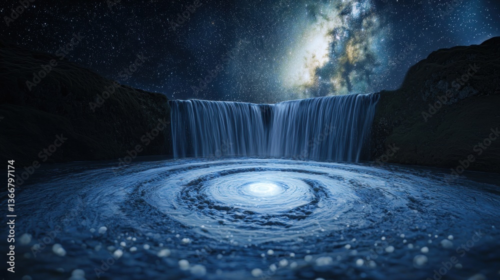custom made wallpaper toronto digitalA glowing spiral river forming waterfalls under the moon, stars wrapping around it in motion blur