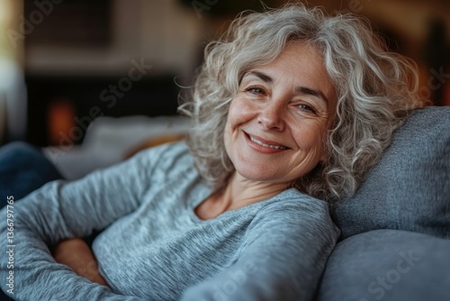 Cheerful aged woman resting on cozy couch with smile on her face, looking away feel happy, spending untroubled time at home, enjoy comfort and smart home climate control and silent domestic appliances