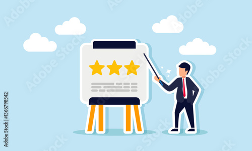 A businessman explains a board containing data and a row of three stars, illustration of business quality improvement strategy socialization and education