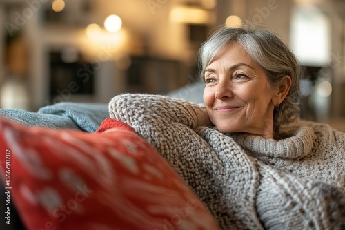 Cheerful aged woman resting on cozy couch with smile on her face, looking away feel happy, spending untroubled time at home, enjoy comfort and smart home climate control and silent domestic appliances