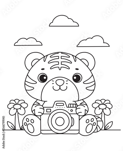 Coloring book tiger photographer with a camera, sitting between flowers under a cloudy sky