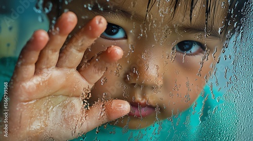 Child Looking Through Wet Window Touching Glass on a Rainy Day