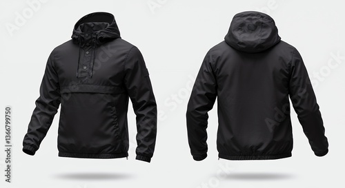 Stylish Black Pullover Rain Jacket Front and Back View for Product Display