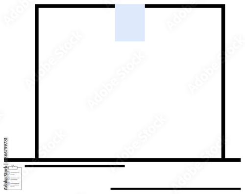 Computer monitor outlined in black with a blue sticky note at the center top. Includes a small checklist icon emphasizes organization, productivity, planning, focus, workspace setup, task management