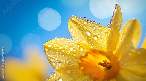 Close Up Yellow Daffodil Flower with Water Droplets Against Blue Sky