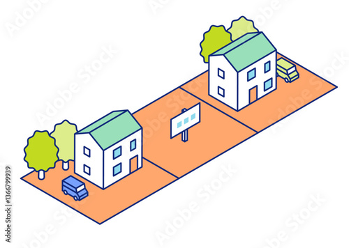 住宅地・分譲地・土地販売のアイソメトリックイラスト。住宅地の空き地が売却・販売されている。