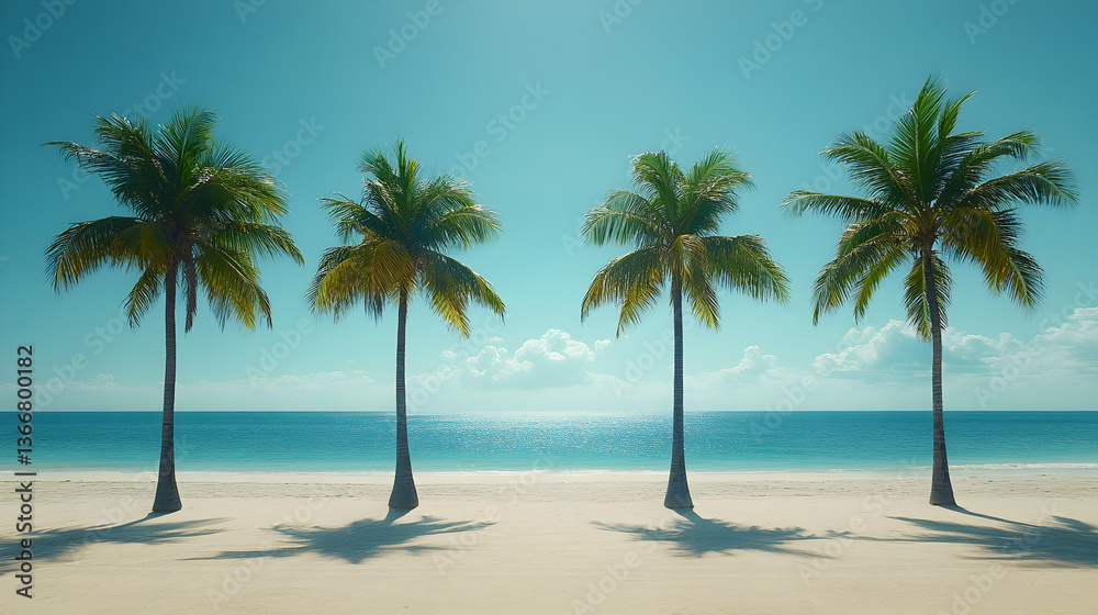 Obraz premium Four Palm Trees on a Sunny Beach with Blue Ocean