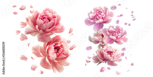 Fototapeta Naklejka Na Ścianę i Meble -  Pink peony flowers flying and isolated on white background, high quality, high detail, high definition, high sharpness