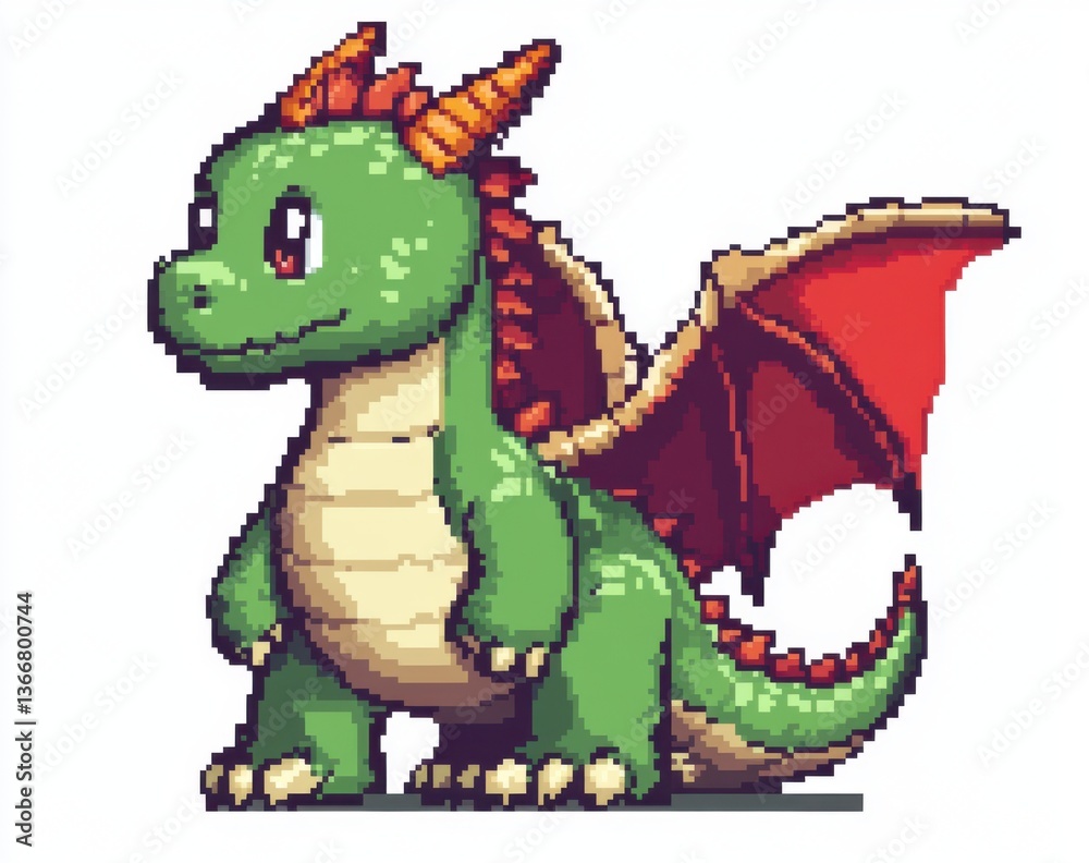 Fototapeta premium Pixel Art Green Dragon Standing Isolated with Red Wings and Horns