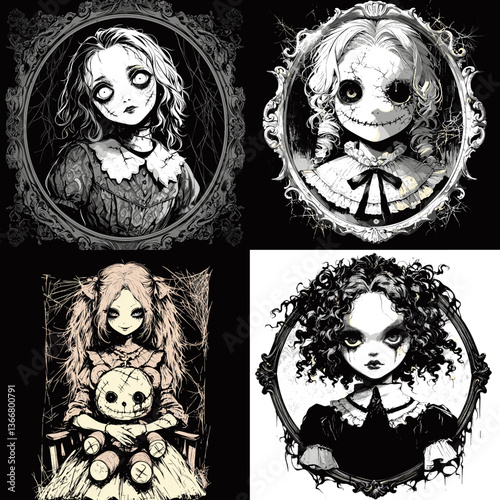 Gothic creepy doll portraits with vintage frames and haunting expressions. Ideal for horror art, Halloween designs, dark fantasy themes, and spooky illustration projects.

